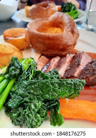 Roast Dinner, Duck, Greens, Yorkshire Pudding, Potatoes And Gravy. Restaurant, Bath, UK.