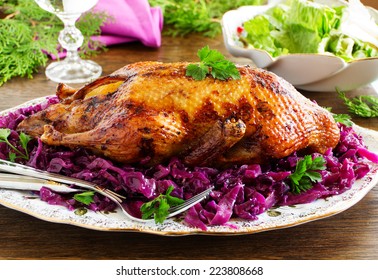 Roast Duck With Apples And Red Cabbage.