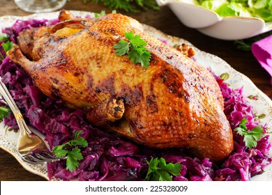 Roast Duck With Apples And Red Cabbage.