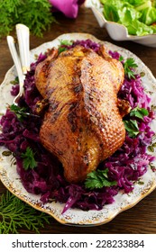 Roast Duck With Apples And Red Cabbage.