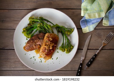 Roast Duck Breast Fillets With Vegetables On Plate. Overhead Horizontal Image