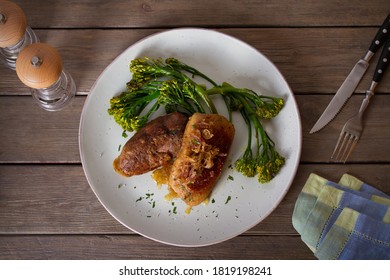 Roast Duck Breast Fillets With Vegetables On Plate. Overhead Horizontal Image