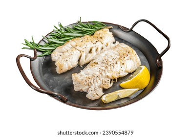 Roast Fillets of codfish, cooked cod fish meat. Isolated, white background