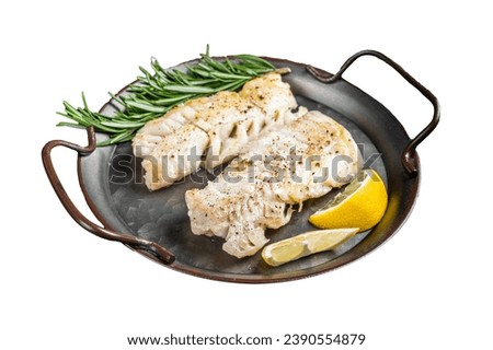 Roast Fillets of codfish, cooked cod fish meat. Isolated, white background