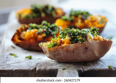 Roast Sweet Potato With Feta Cheese And Crispy Kale