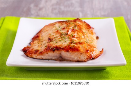 Roast White Fish Fillet On Plate, Top View