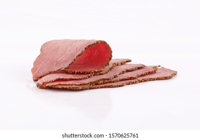 Roastbeef Slices Perfectly Arranged Of Roast Beef  Isolated On White Background