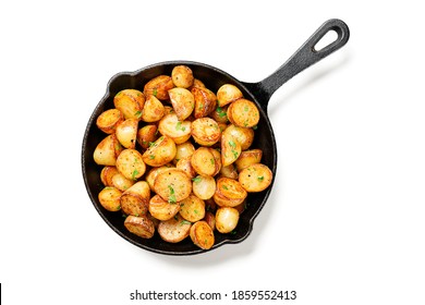 Roasted Baby Potatoes In Iron Skillet.isolated On White Background