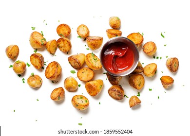 Roasted Baby Potatoes With Tomato Sauce, Isolated On White Background. Top View