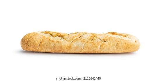 Roasted Baguette With Garlic Butter. Crunchy Sliced Garlic Bread Isolated On White Background.