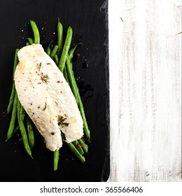 Roasted Basa Fillet With Green Bean. Top View