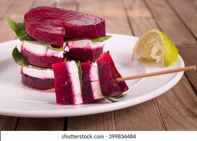 Roasted Beetroot And Feta Cheese With Olive Oil. Feta And Beet Stacks. Beet Salad On A Stick.  Appetizer Recipe.