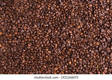 Roasted Black Coffee Beans Background. Top View, Backdrop