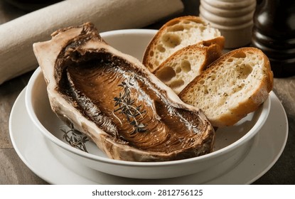 Roasted bone marrow in a split bone in a white ceramic bowl, with sliced bread, fresh thyme, a spice grinder and salt shaker on a dark rustic wooden table under natural illumination.
