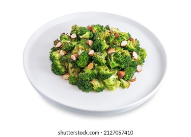 Roasted Broccoli With Almond Slices On A White Isolated Background. Toning. Selective Focus