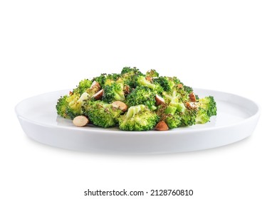 Roasted Broccoli With Almond Slices On A White Isolated Background. Toning. Selective Focus