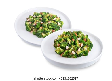 Roasted Broccoli With Almond Slices On A White Isolated Background. Toning. Selective Focus