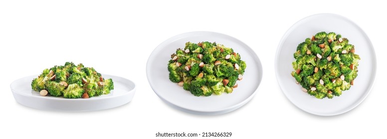 Roasted Broccoli With Almond Slices On A White Isolated Background. Toning. Selective Focus