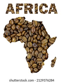 Roasted Brown Coffee Beans Background With The Shape Of The Word Africa And The Geographical Map Outline. Isolated On A White Background