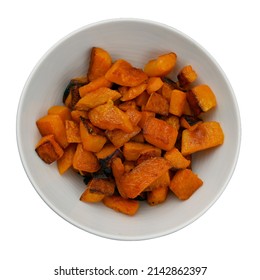 Roasted Butternut Squash In A Bowl With White Background.  Fresh Food Preparation.  Deep Orange Colour Of The Roasted Vegetable.