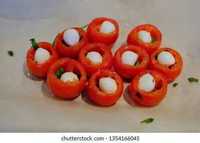 Roasted Caprese Bites Preparation. High Angle View