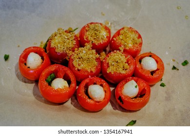 Roasted Caprese Bites Preparation, Some Topped With Bread Crumbs