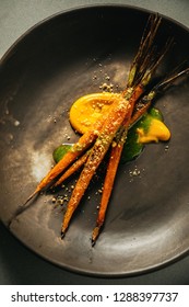 Roasted Carrots With Tops. Carrot Emulsion, Carrot Top Pesto. Lemon Crumble