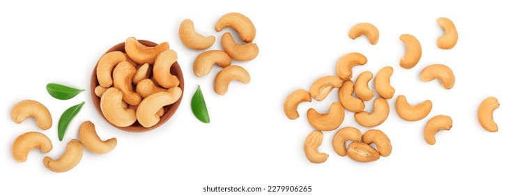 Roasted Cashew nuts in bowl isolated on white background with  full depth of field. Top view with copy space for your text. Flat lay