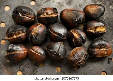 Roasted Chestnuts In The Typical Perforated Pan