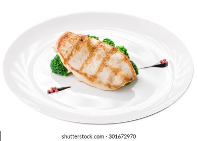 Roasted Chicken Breast With Broccoli Isolated On White Background. Clipping Path