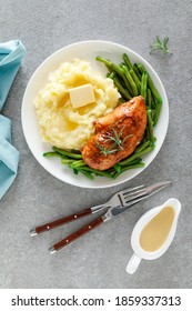 Roasted Chicken Breast With Green Beans And Boiled Mashed Potatoes. Dinner Or Breakfast Serving.