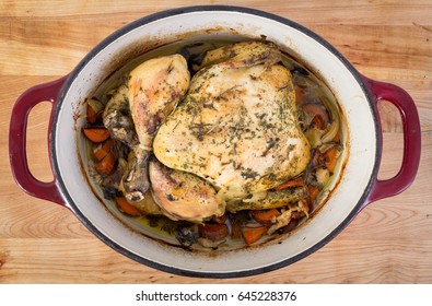 Roasted Chicken In Crockpot Over Wood Table