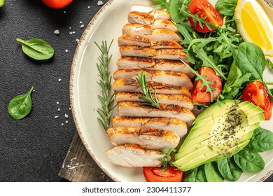 Roasted Chicken Fillet, green lettuce, arugula, tomatoes. Ketogenic diet. Low carb high fat breakfast. Healthy food concept. place for text, top view.