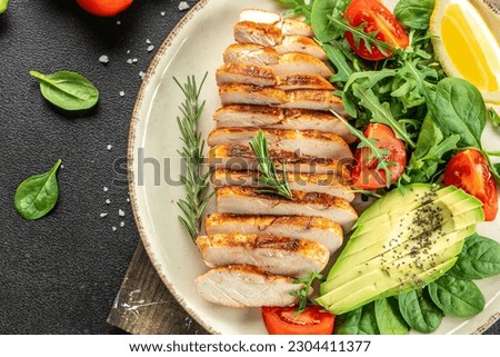 Roasted Chicken Fillet, green lettuce, arugula, tomatoes. Ketogenic diet. Low carb high fat breakfast. Healthy food concept. place for text, top view.