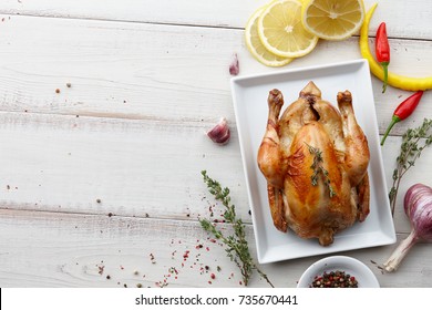 Roasted Chicken With Herbs And Spices For Christmas Or Thanksgiving Holiday Dinner, Top View