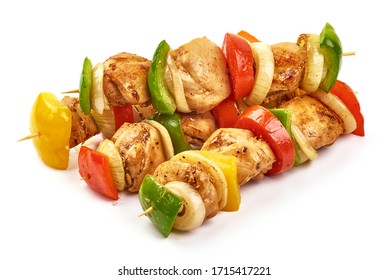 Roasted Chicken Kebab. Grilled Meat Skewers And Vegetables BBQ, Isolated On White Background.