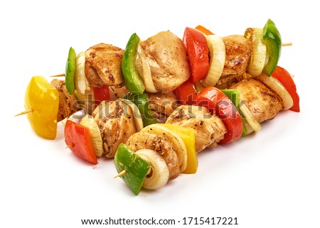 Roasted chicken kebab. Grilled meat skewers and vegetables BBQ, isolated on white background.