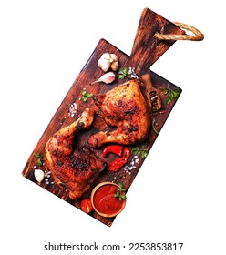 Roasted chicken legs with spices and vegetables,isolated - Shutterstock ID 2253853817