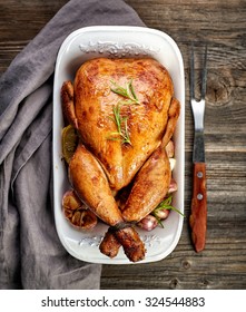 Roasted Chicken On Wooden Table, Top View