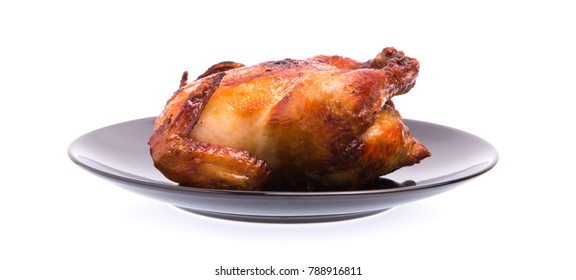 Roasted Chicken In Plate Isolated On White Background