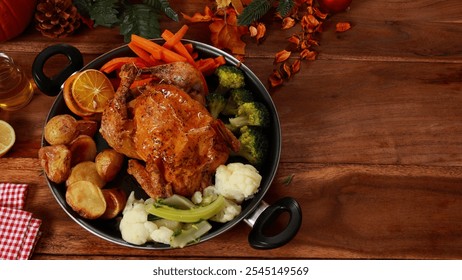 Roasted chicken, vegetables, autumn dinner, fall feast, roasted potatoes, carrots, holiday meal Thanksgiving table, seasonal food, cozy dining, vibrant colors, festive setting - Powered by Shutterstock