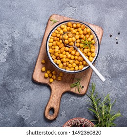 Roasted Chickpeas, Vegan Healthy Snack, Baked Spicy Chickpeas On Dark Background, Clean Eating, Trendy Food, Square Image