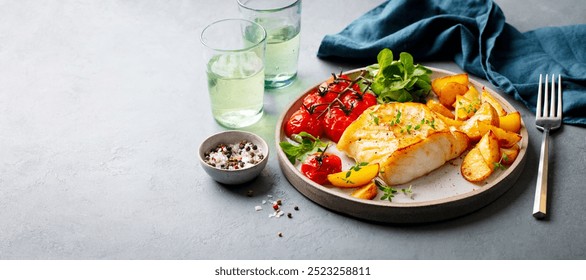 Roasted cod, codfish with baked potatoes and cherry tomatoes on plate. Grey background. Copy space.