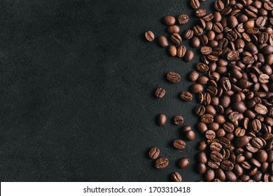 Roasted coffee beans background. Top view