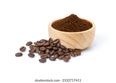 Roasted coffee beans with coffe powder (ground coffee) in wooden bowl isolated on white background. 