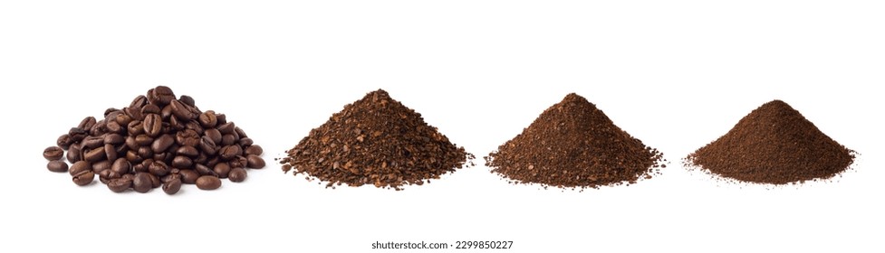 Roasted Coffee beans and different types of grinds coffee isolated on white background.