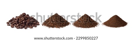 Roasted Coffee beans and different types of grinds coffee isolated on white background.