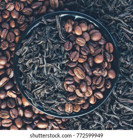 Roasted Coffee Beans And Dry Leaves Of Black Tea, Top View Close-up