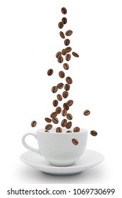 Roasted Coffee Beans Falling Into Coffee Cup On Saucer With White Background,fresh And Bright Wallpaper Concept.
