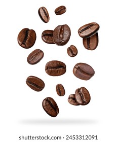 Roasted coffee beans falling on white background